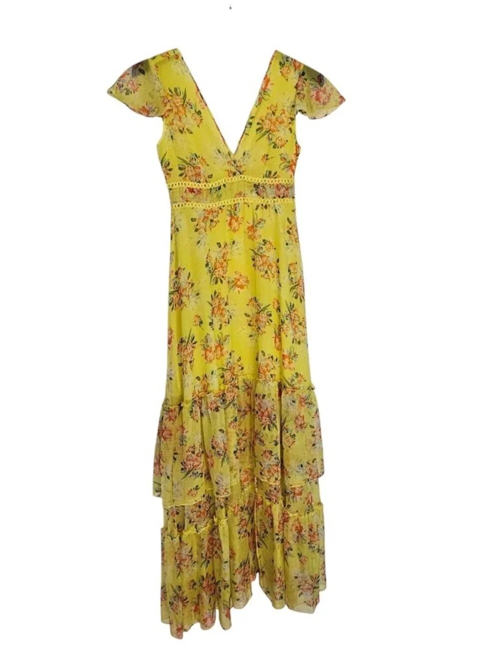 Yellow Floral Maxi Dress with V-Neck